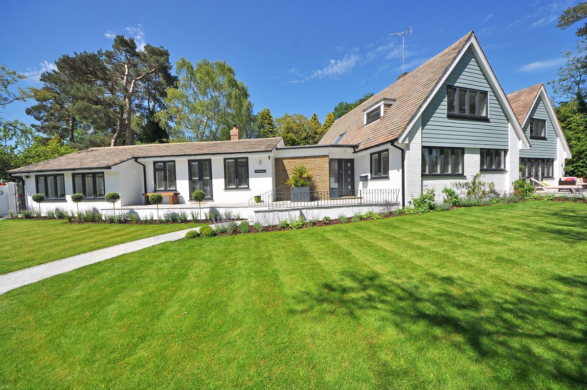 A house with a landscaped front lawn